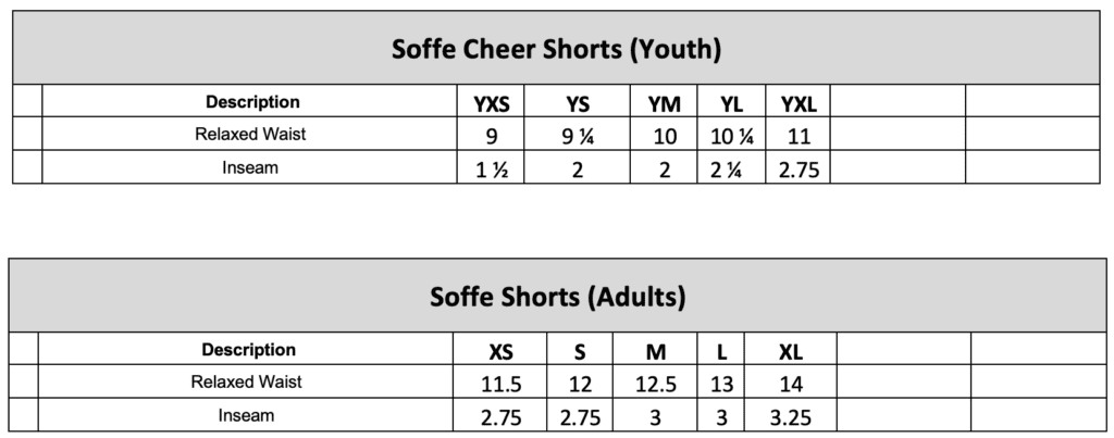 Soffe Shorts Size Chart