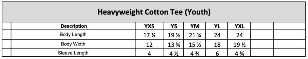 Gildan Youth Tee Size Chart