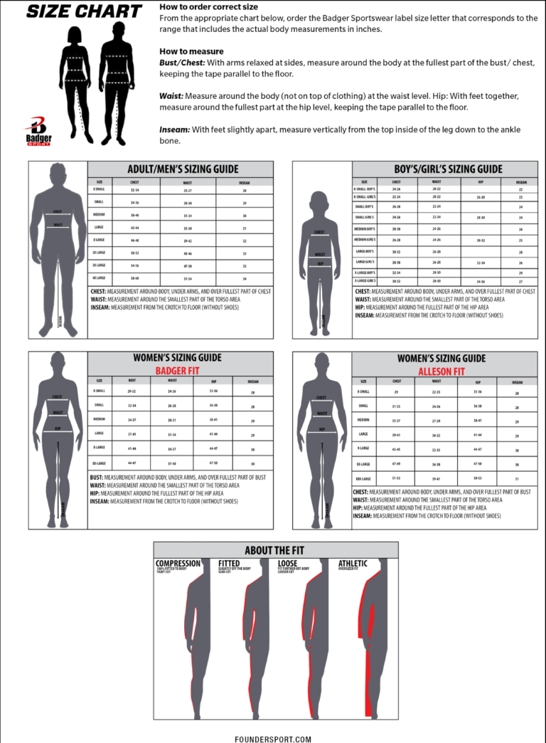 Badger Size Charts ARES Sportswear