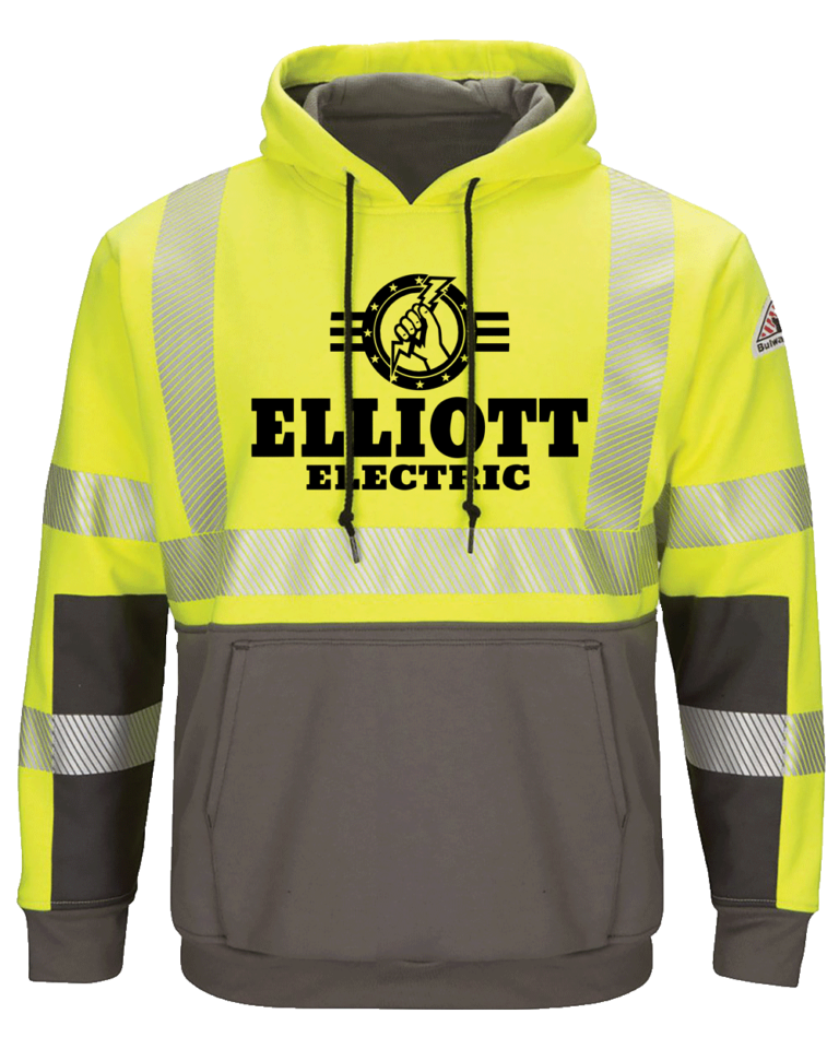 yellow top with gray bottom with reflective strips Bulwark flame resistant hoodie