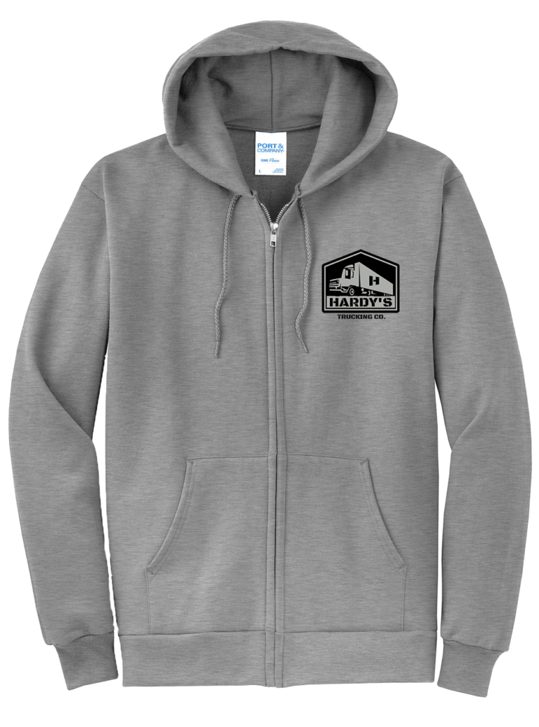 Gray zip up hoodie with black logo from Port and Company