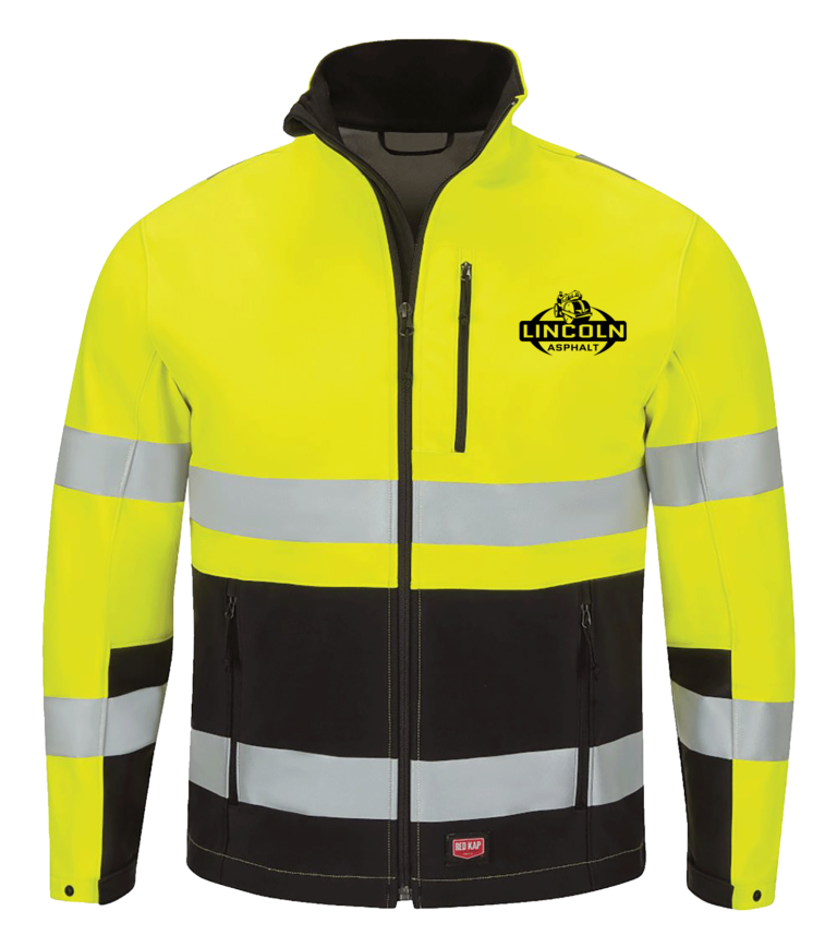 Red Kap zip up yello reflective jacket with black bottom and reflective strips