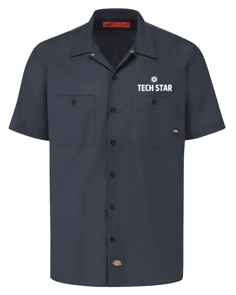 Dark gray button up short sleeve polo with two front chest pockets