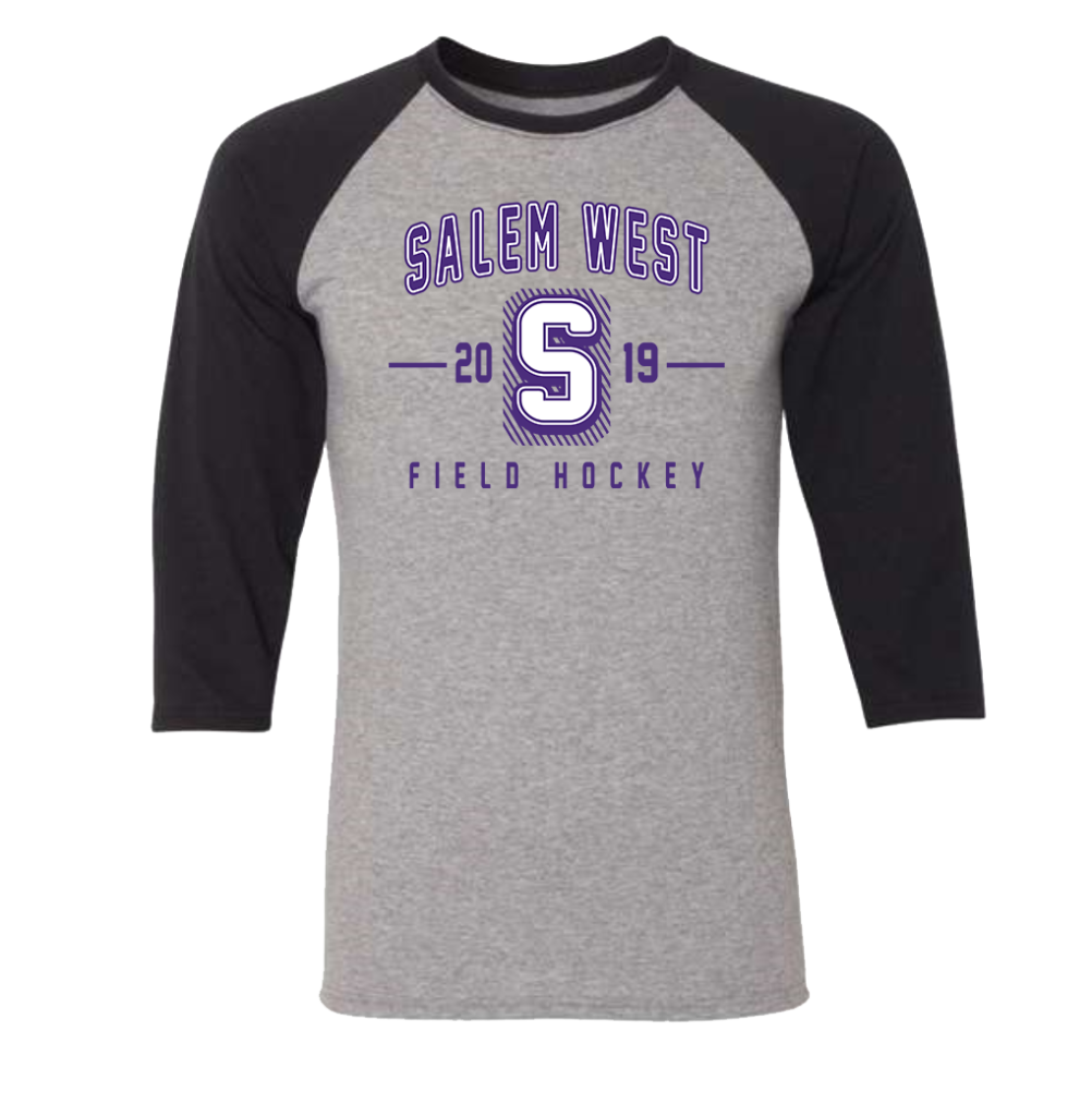 Black and gray Triblend Three-Quarter Raglan Baseball T-Shirt with field hockey logo